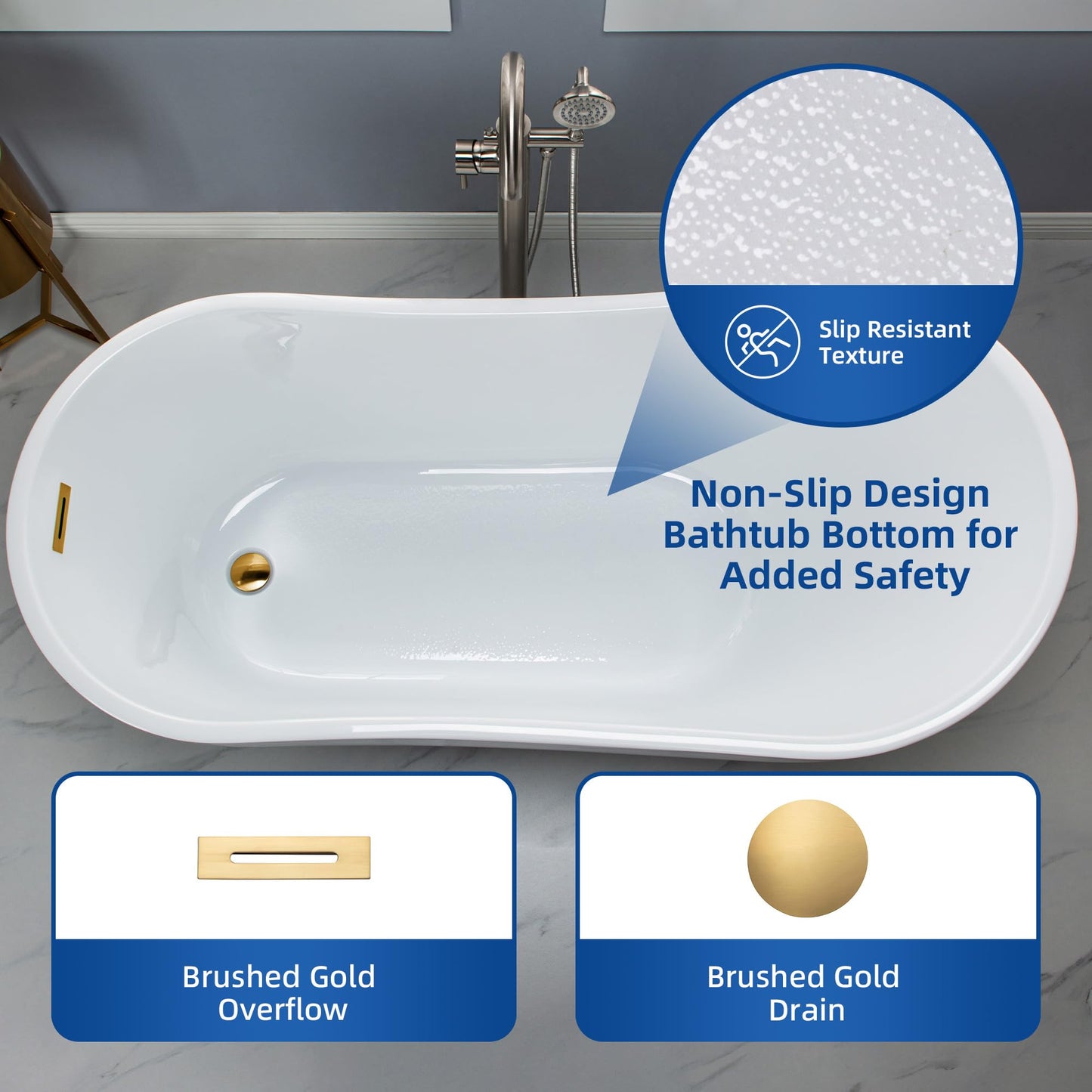WOODBRIDGE 59" Acrylic Freestanding Bathtub Contemporary Soaking White Tub with Brushed Gold Overflow and Drain， B1530 -BG-Drain &O