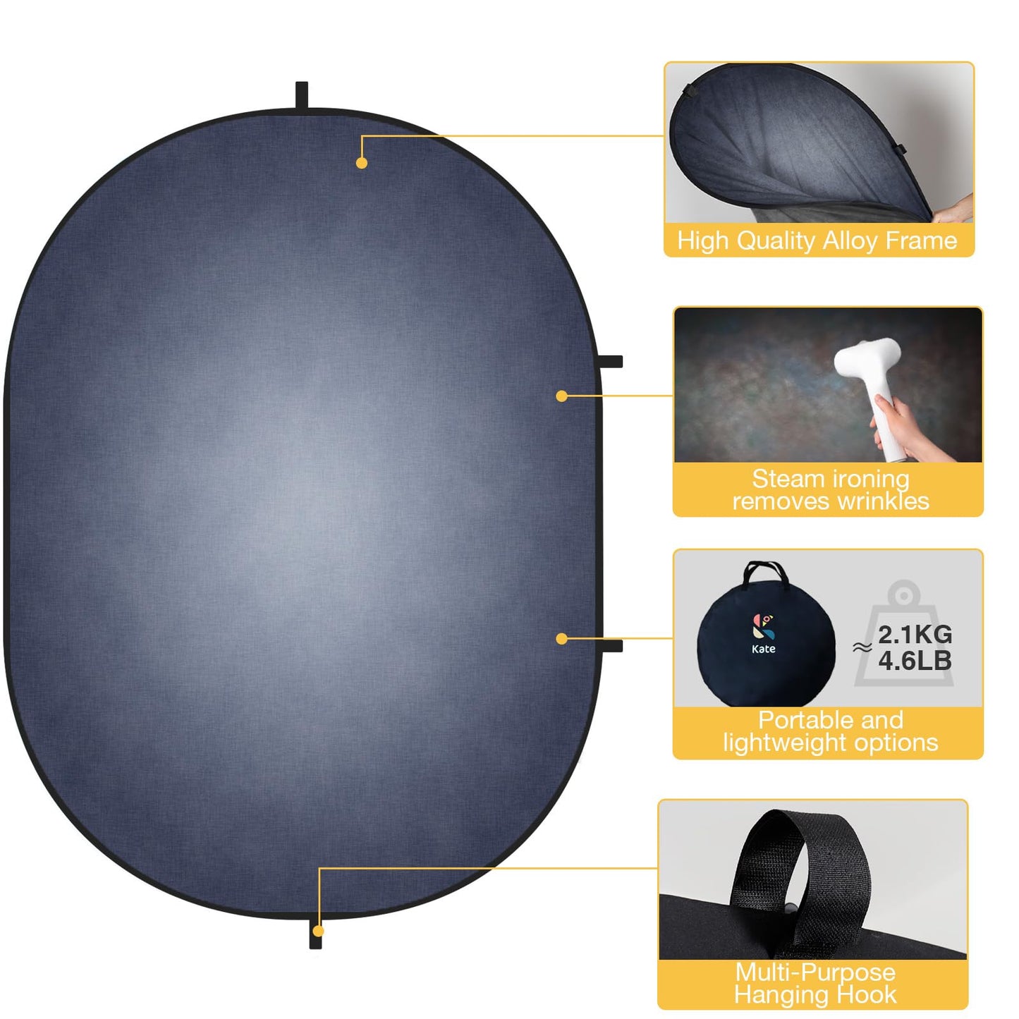 Kate 5x6.5ft(1.5x2m) Dark Grey Collapsible Backdrop Texture Folding Double Sided Pop up Backdrops for Photoshoot, Home Video Conference