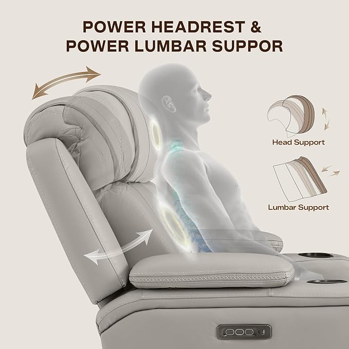 Watson & Whitely Super Zero Gravity Recliner Chair, Oversized Genuine Leather Electric Recliner W Power Adjustable Headrest & Lumbar Support Hidden Storage for Living Room, Light Grey