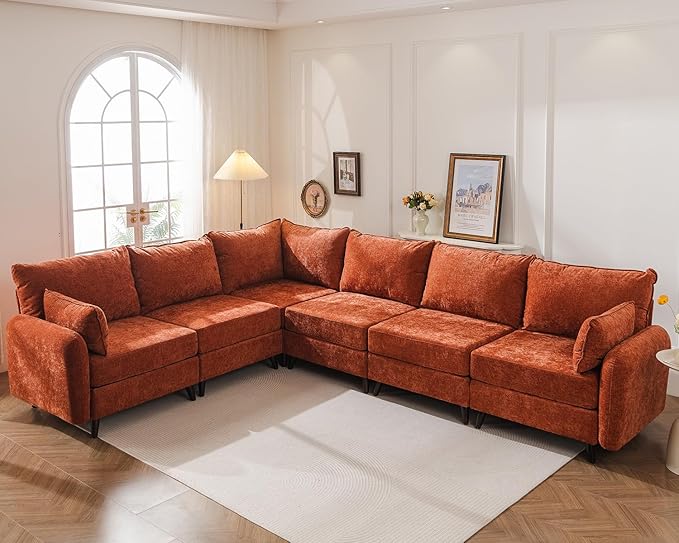 Rexulqo 135'' Modular Sectional Sofa with Storage Seat,Oversized L Shaped Couch,6 Seater Couches for Living Room,Bedroom,Velet,Orange