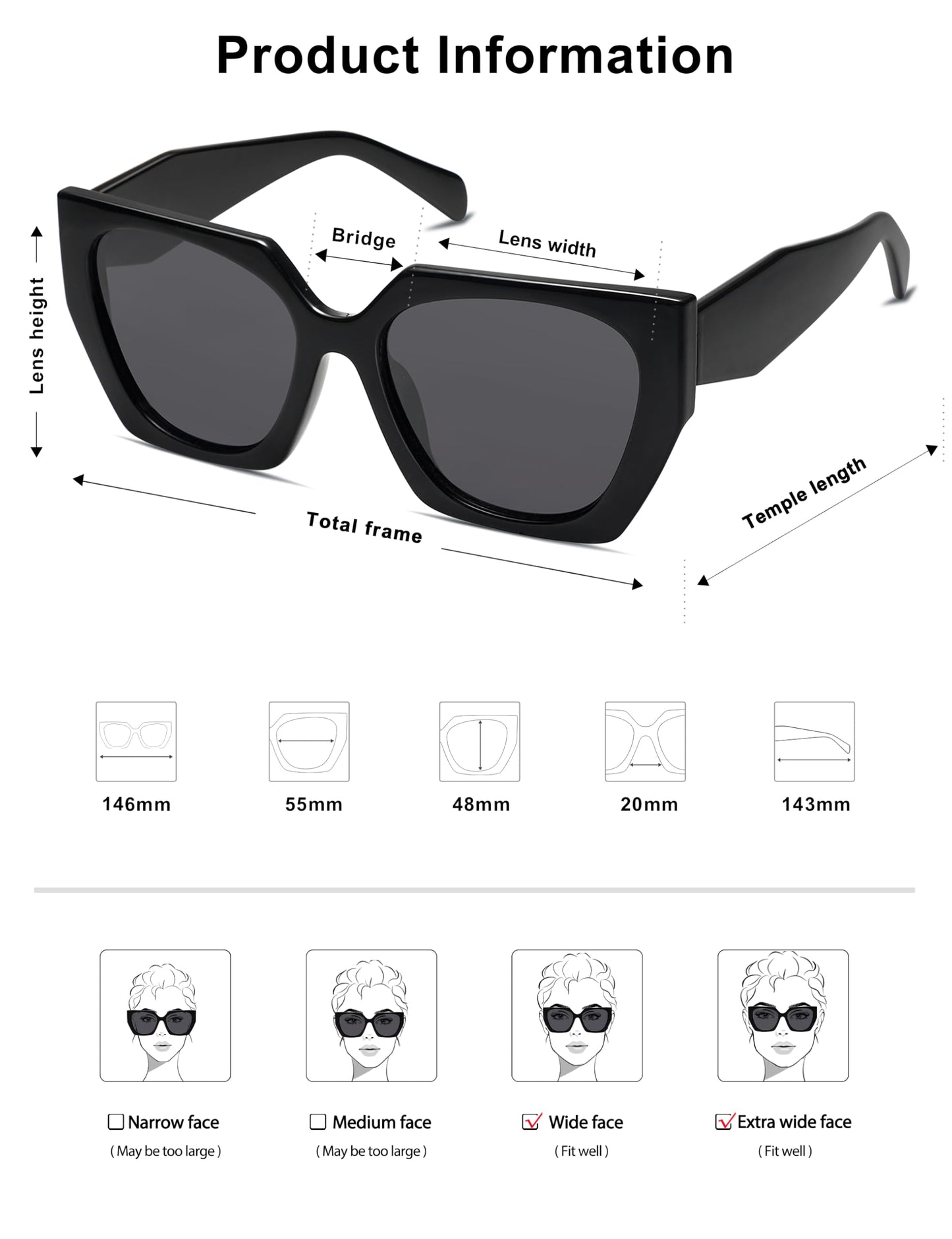 SOJOS Large Oversized Polarized Sunglasses for Women, Big Designer Womens Trendy Square Shades SJ2205, All Black