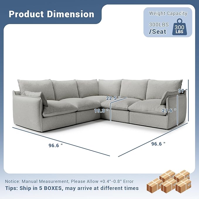 Lopzeho Cloud Modular Sectional Sofa, Waterproof Down Filled Sectional Sofas, High Backrest V Shaped 5 Seater Sectional Couches for Living Room, Modern Modular Couch with Removable Cover, Light Gray