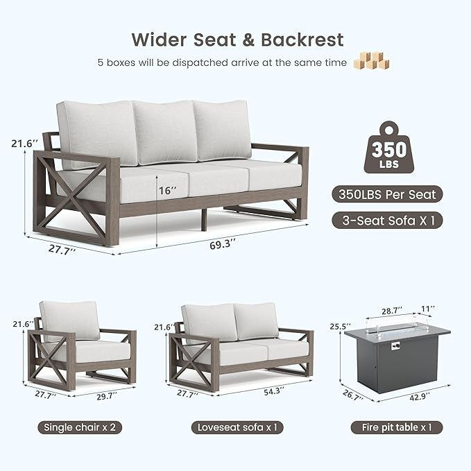UDPATIO 5 Piece Aluminum Patio Furniture Set with Fire Pit Table, Faux Wood Patio Conversation Set with 6" Olefin Cushions, Aluminum Outdoor Furniture, 600D Waterproof Cover Included, Light Grey