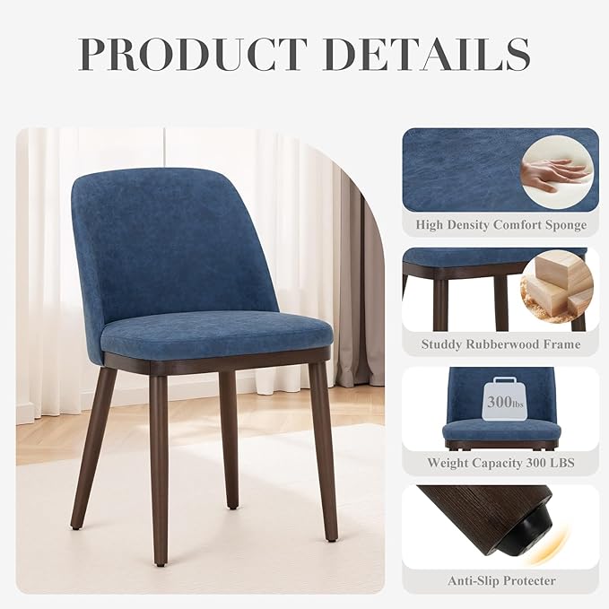 COLAMY Upholstered Dining Chairs Set of 4, Modern Kitchen Chairs with Back, Leather Side Dining Room Chairs with Wood Legs for Kitchen Dining Room Restaurant,Blue