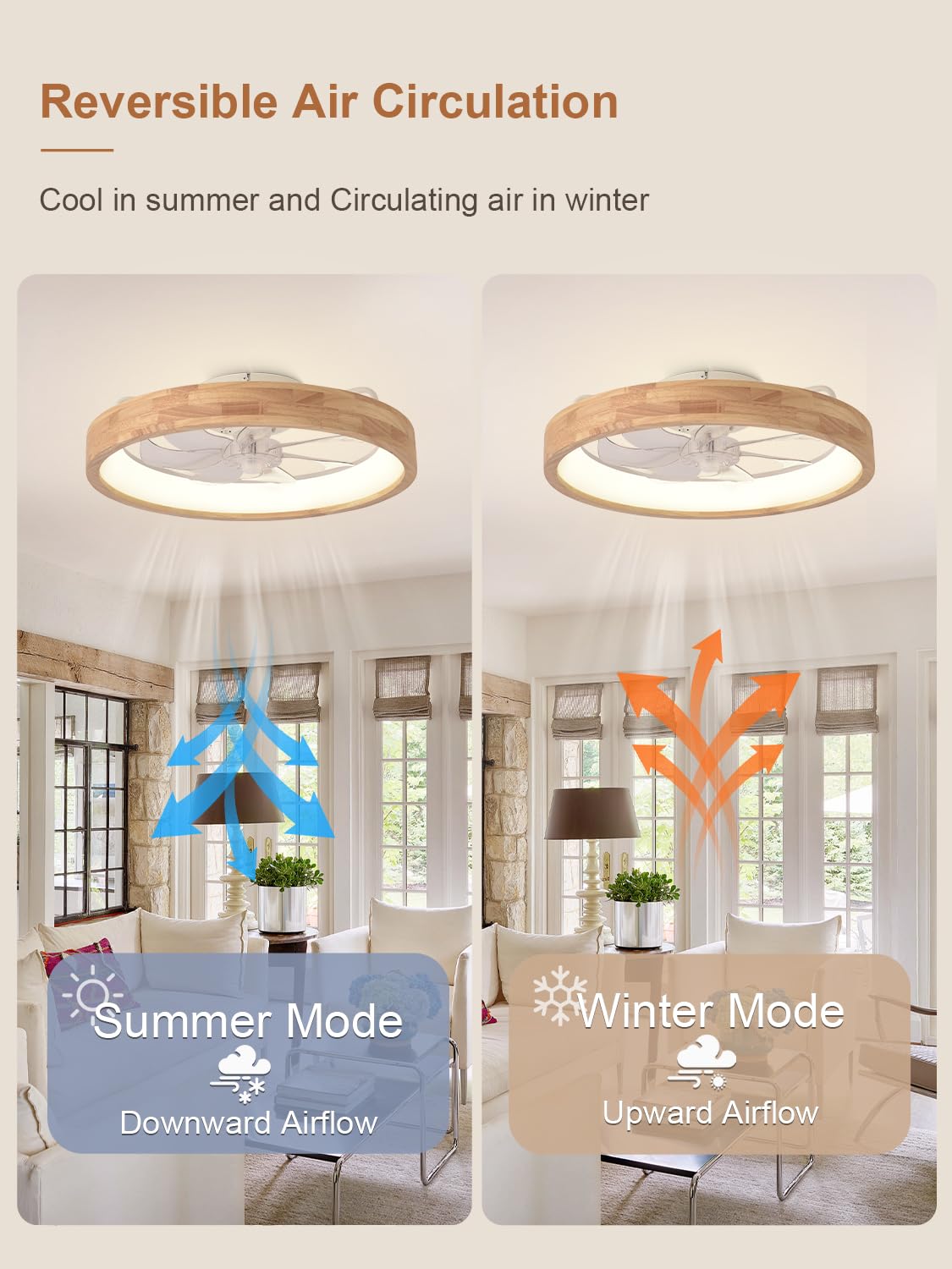 Curve Curio 20'' Low Profile Ceiling Fans with Lights Modern Flush Mount Wood Ceiling Fan and Remote Dimmable LED