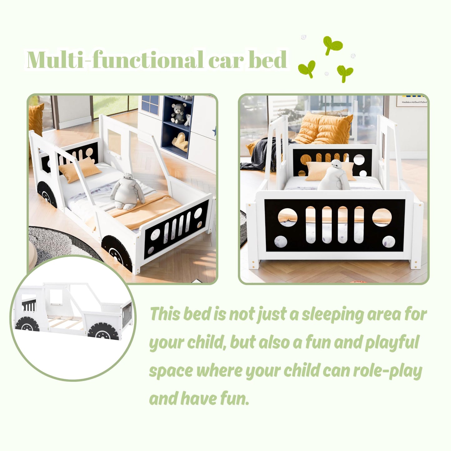 Twin Size Car Bed, Wood Floor Bed Frame with Headboard & Footboard and 4 Side Rails, Kids Racecar Bed for Boys Girls Teens, White