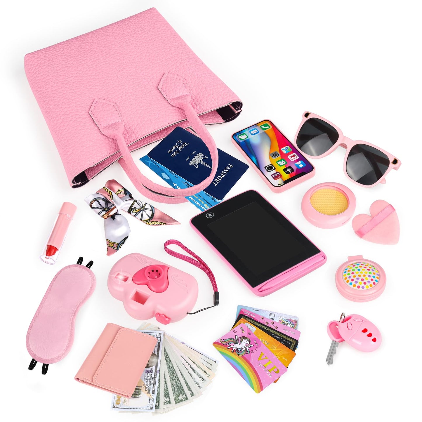 Meaicezli Play Purse for Little Girls, 35PCS Toddler Travel Purse with Handbag, Writing Tablet, Camera, Wallet, Fake Makeup, Girl Toys Includes Phone, Eye Mask, Pretend Play Toys for Girls Ages 3+