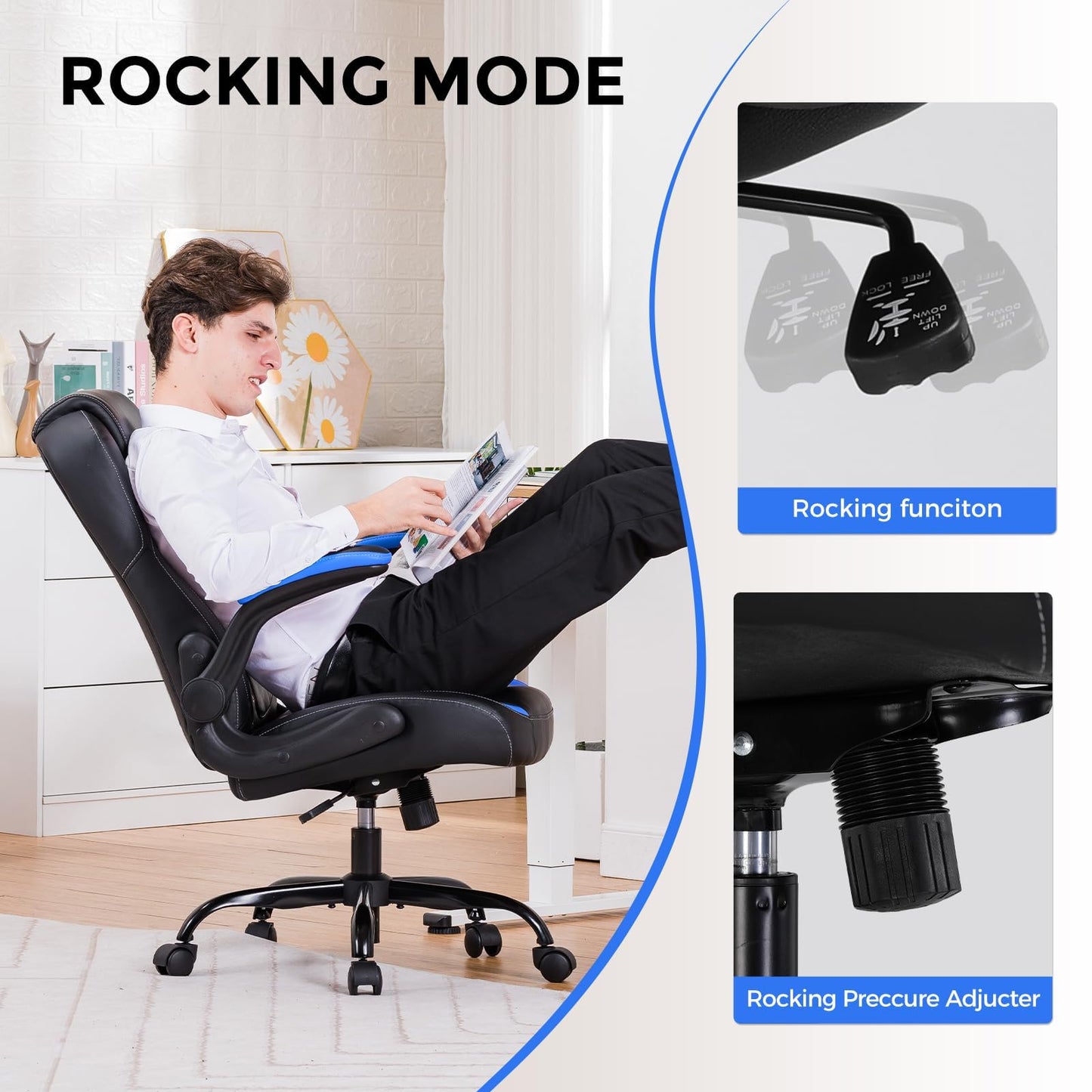 COMHOMA Office Computer Gaming Chair Ergonomic Desk Chair for Adults with Lumbar Support Flip-Up Arms Adjustable Height Swivel Wheels PU Leather Executive Design for Short People Use, Blue