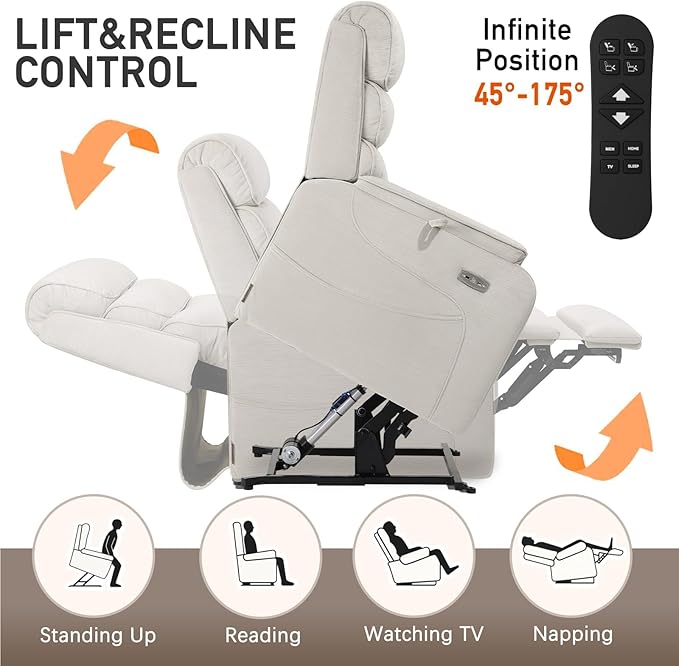 EONIX Dual Motor Lay Flat Power Lift Recliner Chair for Elderly, Chenille Fabric Electric Lift Chairs for Adults, 400lbs Heavy Duty Power Recliner with Heat Massage Charging Ports, Chenille White