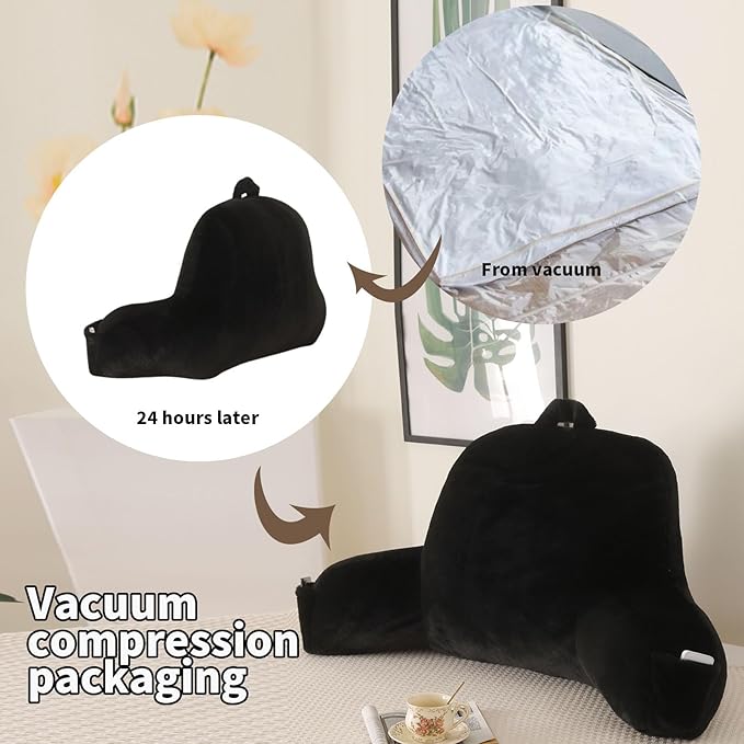 PAJEO Reading Pillow for Sitting in Bed, Large Backrest Reading Pillow with Arm Rest,Back-Rest Support Cushion for Sit Up on Couch, Sofa, and Floor, Dorm Essentials (Black Faux Fur, Standard(17"))