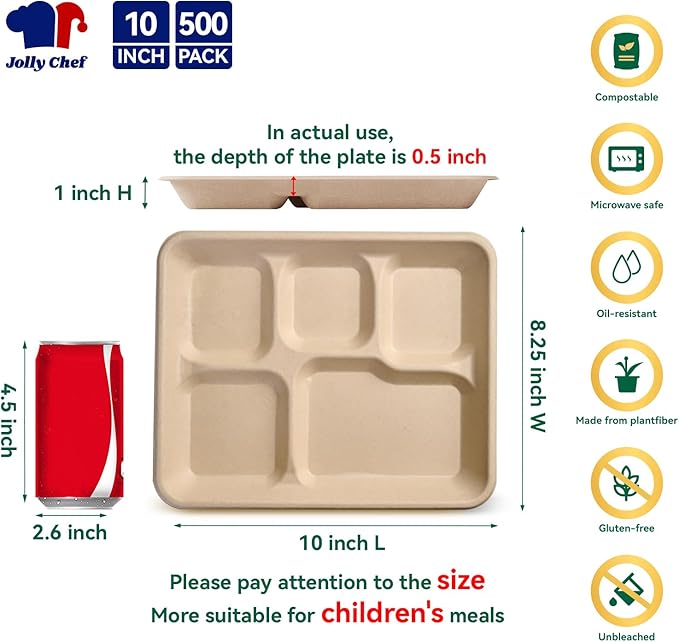JOLLY CHEF Compostable 𝟱 Compartment Paper Plates 𝟭𝟭 * 𝟴 𝗶𝗻𝗰𝗵 [𝟱𝟬𝟬 𝗣𝗮𝗰𝗸] Heavy Duty Natural Divided Disposable Eco-Friendly Biodegradable Food Trays for Party Lunch Dinner Christmas