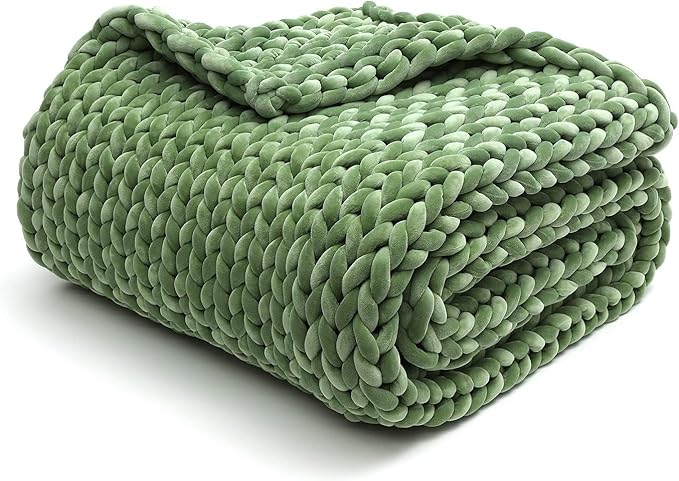 YnM Velvet Weighted Blanket, Handmade Chunky Knitted Design, Soft and Cozy, Temperature Regulating and Breathable, Machine Washable Throw for Sleep or Home Decor (Avocado Green, 85x118 Inch, 40lbs)
