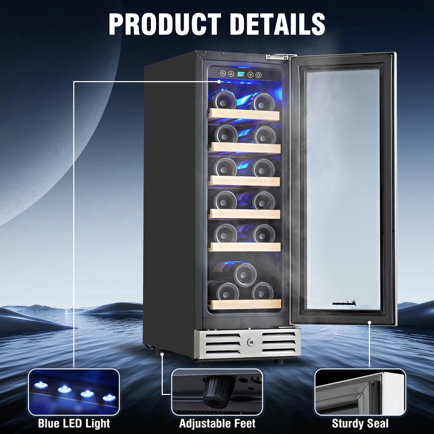 Kalamera Mini Fridge 18 Bottle - 12 inch Wine Cooler Refrigerator, Built-in or Freestanding, with Stainless Steel & Double-Layer Tempered Glass Door, and Temperature Memory Function Wine Fridge