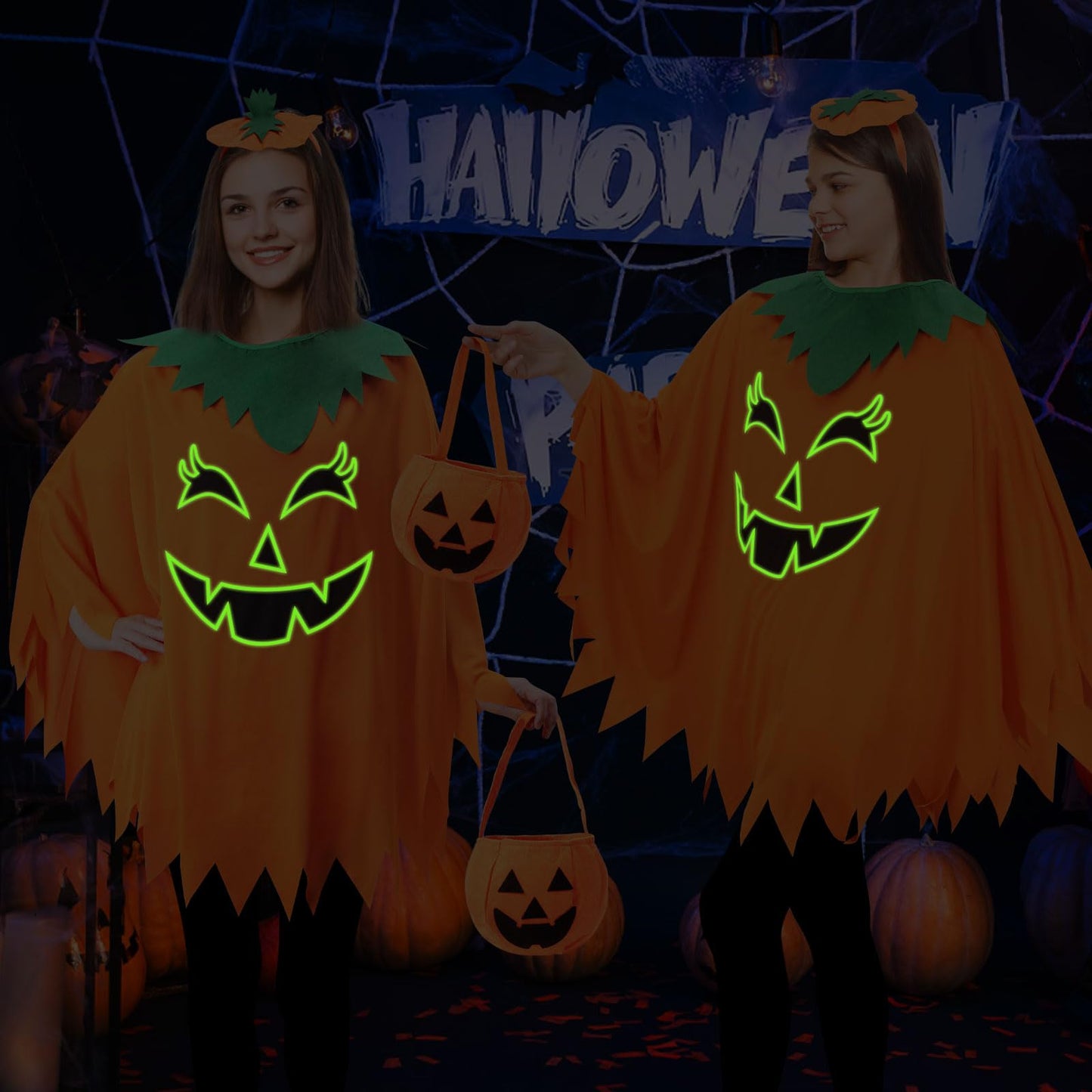 Snwquik 3 Pcs Pumpkin Costume for Adult,Glow in the Dark Pumpkin Costume Women with Headband/Bag,Pumpkins Halloween Costume Dress Up