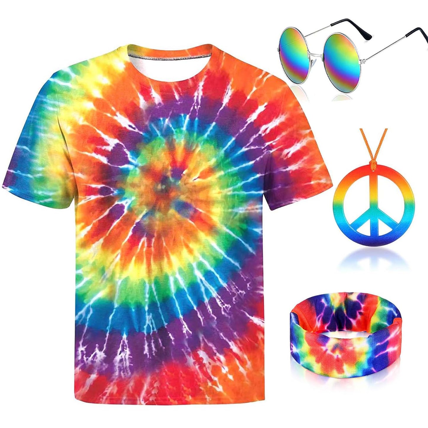 Bombline 4 Pieces Hippie Costume Set,Tie Dye Shirt Women Men,Tie Dye Headband,Rainbow Sunglasses,Peace Sign Necklace,Hippy Clothes for Women, 3X-Large