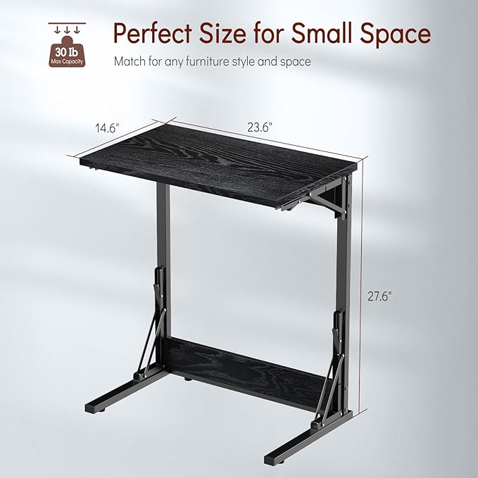 Tatub 24" Folding C Shaped End Table, Small Sofa Side Laptop Desk, Couch TV Tray Table for Living Room, Bedroom, Dark Black