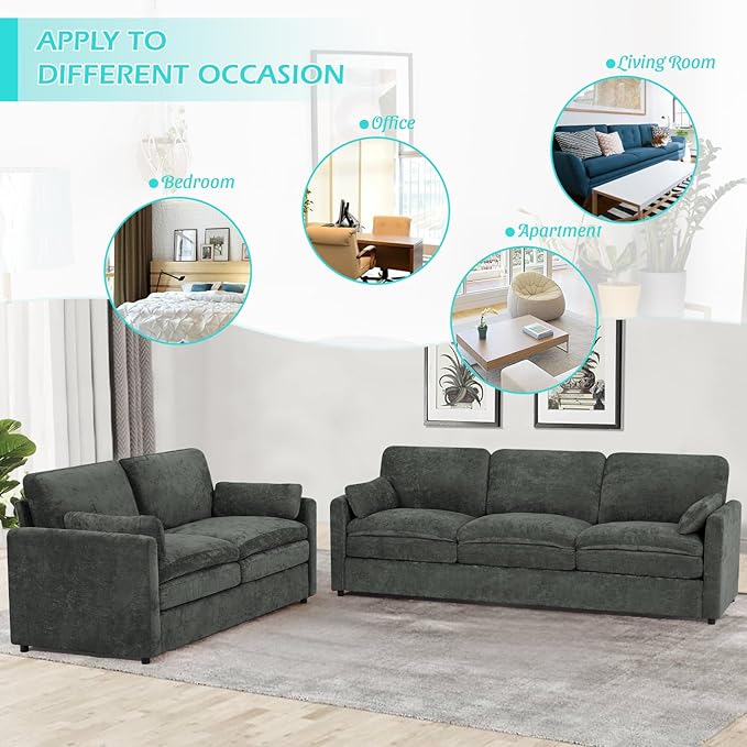 ACMEASE 89” Chenille Sofa w/Arm Pillows, Upholstered 3-Seater Sofa w/Comfortable Back Cushions, Modern 3 Seats Couch w/High-Density Foam for Living Room, Apartment, Office, Grey