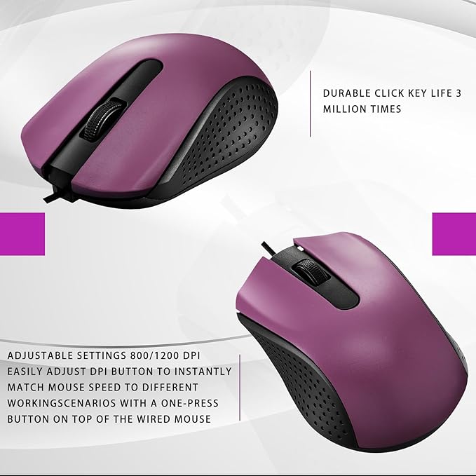 Bonuci 30 Pack USB Wired Mouse 3 Button Corded Computer Mice Bulk USB Mouse for PC Desktop, Laptop, Office, School, Classroom Use(Purple)