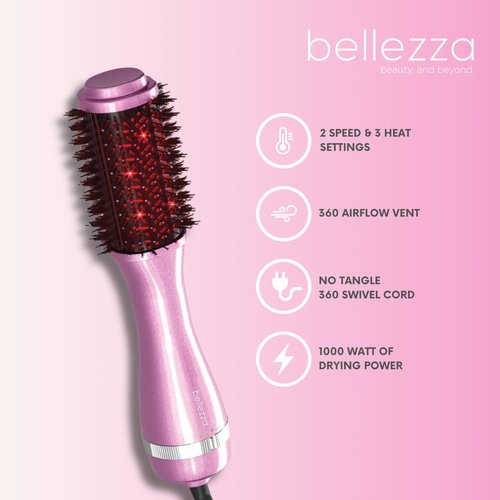 Belleza 2-in-1 Thermal Blowout Brush Hair Dryer & Volumizer | Infrared Blow Out Brush Dryer with 360 Ionic Hot Air Round Barrel | Smooth Frizz-Free Salon Quality Results (Blush Pink)