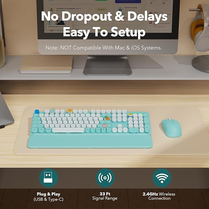 Wireless Keyboard and Mouse Combo, Full-Size Retro Typewriter Keyboard with Detachable Wrist Rest, Round Keycaps, Sleep Mode & Tilt Legs, 2.4GHz Cordless Connection for Windows/PC (Robin Egg Blue)