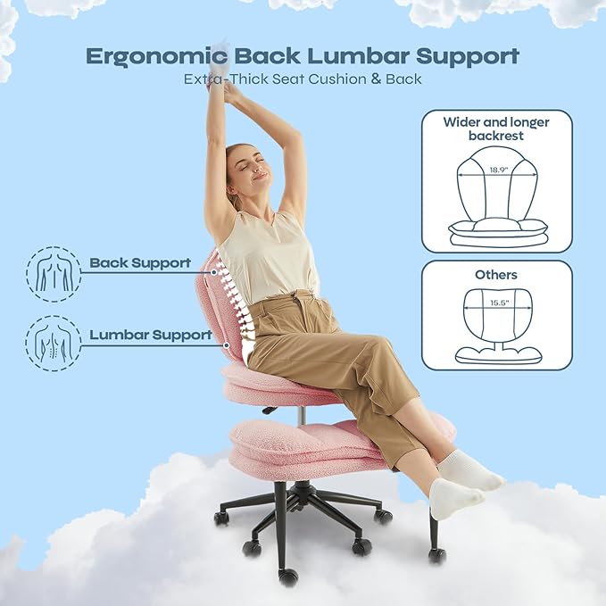 Ergonomic Cross Legged Office Chair for ADHD, Kneeling Chair with 360° Swivel Wheels and Reversible Seating for Meditation, Adjustable Height and Seat Deapth, Teddy Fabric, Pink