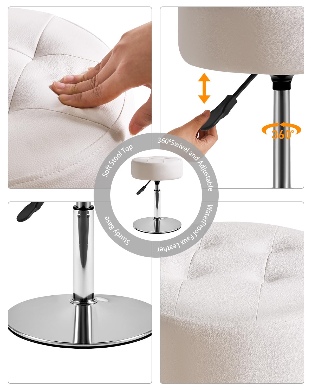 IBUYKE Height Adjustable 360°Swivel Vanity Stool, Tufted Round Vanity Chair for Makeup Room, Faux Leather Vanity Stool for Bathroom, Living Room, Modern Ottoman, White WBD025W