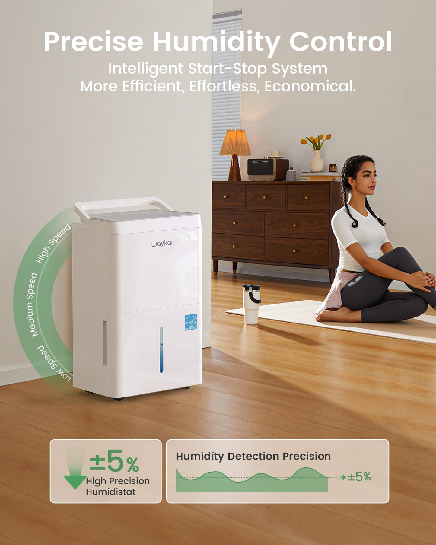 Waykar 5000 Sq.Ft Energy Star Dehumidifier for Basement & Home, 80 Pint/Day with Drain Hose & Tank, Ultra Quiet (40 dB), Smart Auto Comfort Mode