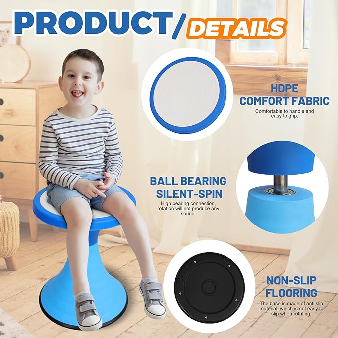 AOBOTE Kids Wobble Stool, 360° Rotatable Children Swivel Chair with Color Block Design, 100KG Load Bearing, for Home and Classroom Learning, Ages 6+ (Blue)
