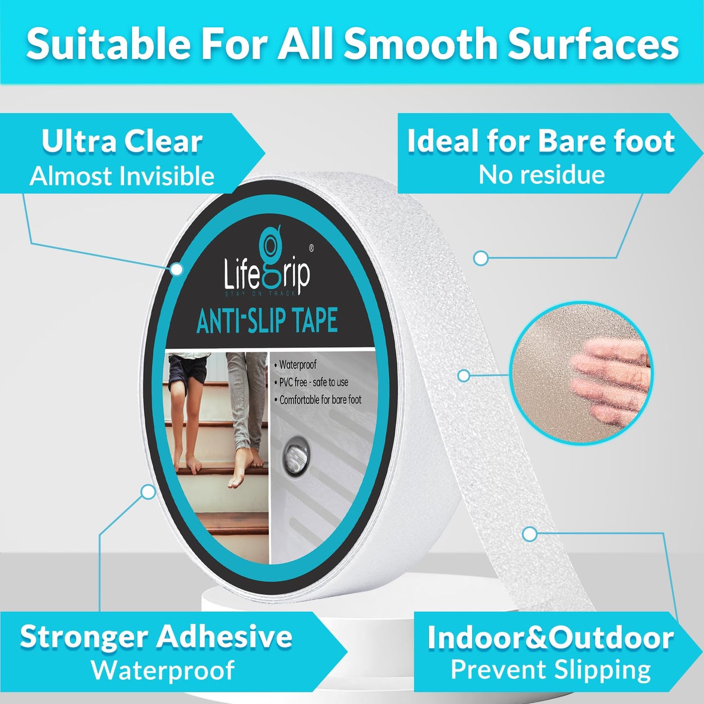 LifeGrip Anti Slip Transparent Anti Slip Tape, 1 inch by 30 feet, Non-Slip Traction Grip Tape to Tubs, Boats, Stairs, Clear, Soft, Comfortable for Bare feet (1" X 30')