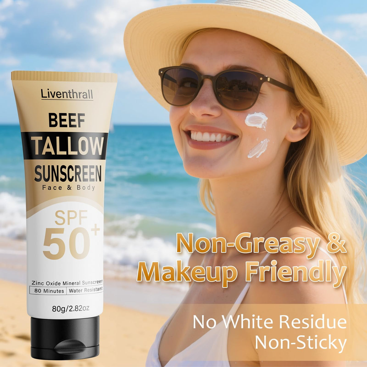 Mineral Sunscreen with Non-Toxic Zinc Oxide SPF 50, Organic Natural Beef Tallow Sunblock with Honey Beeswax, Non Greasy Formula