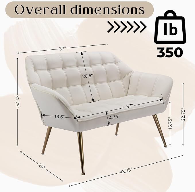 Hyfirm Small Loveseat Sofa, 48 inch Velvet Love Seat for Living Room Comfy Mini Couch with Gold Legs for Small Spaces Bedroom Apartment Office, Cream