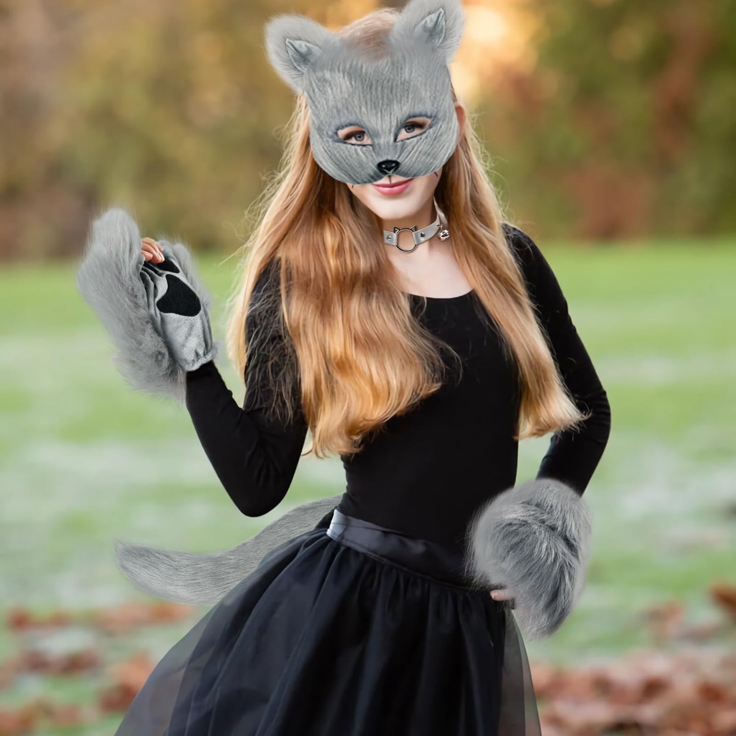 Yinhua Gray Therian Mask and Tail Kit Faux Furrfy Fox Mask Cat Paws Gloves and Ears for Kid & Adult Halloween Cosplay Party