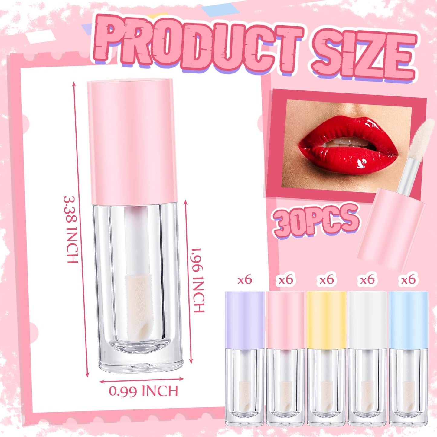 Tatuo 30 Pcs Colorful 6ml Empty Lip Gloss Tubes with Wand Bulk Lip Refillable Gloss Containers Cosmetic Bottles with Rubber Stop