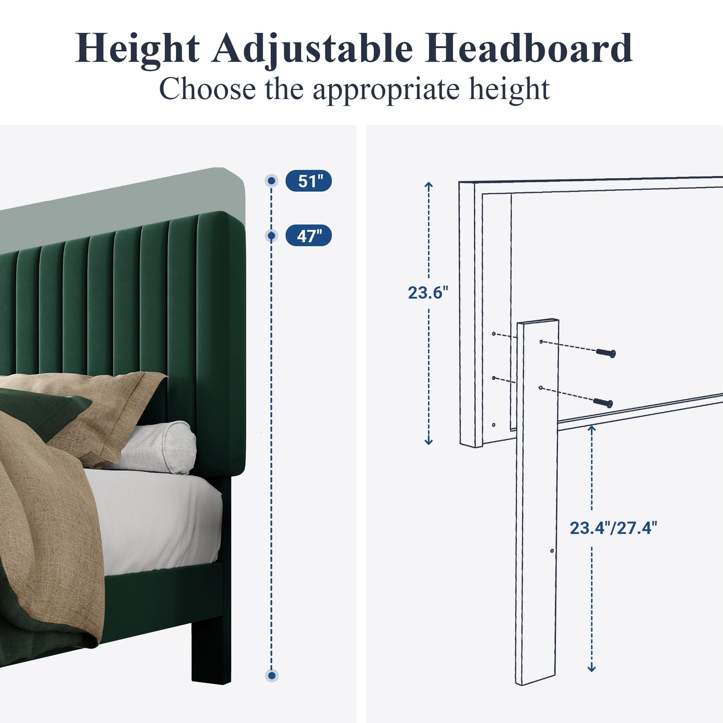Allewie Queen Bed Frame, Velvet Upholstered Platform Bed with Adjustable Vertical Channel Tufted Headboard, Mattress Foundation with Strong Wooden Slats, Box Spring Optional, Easy Assembly, Green