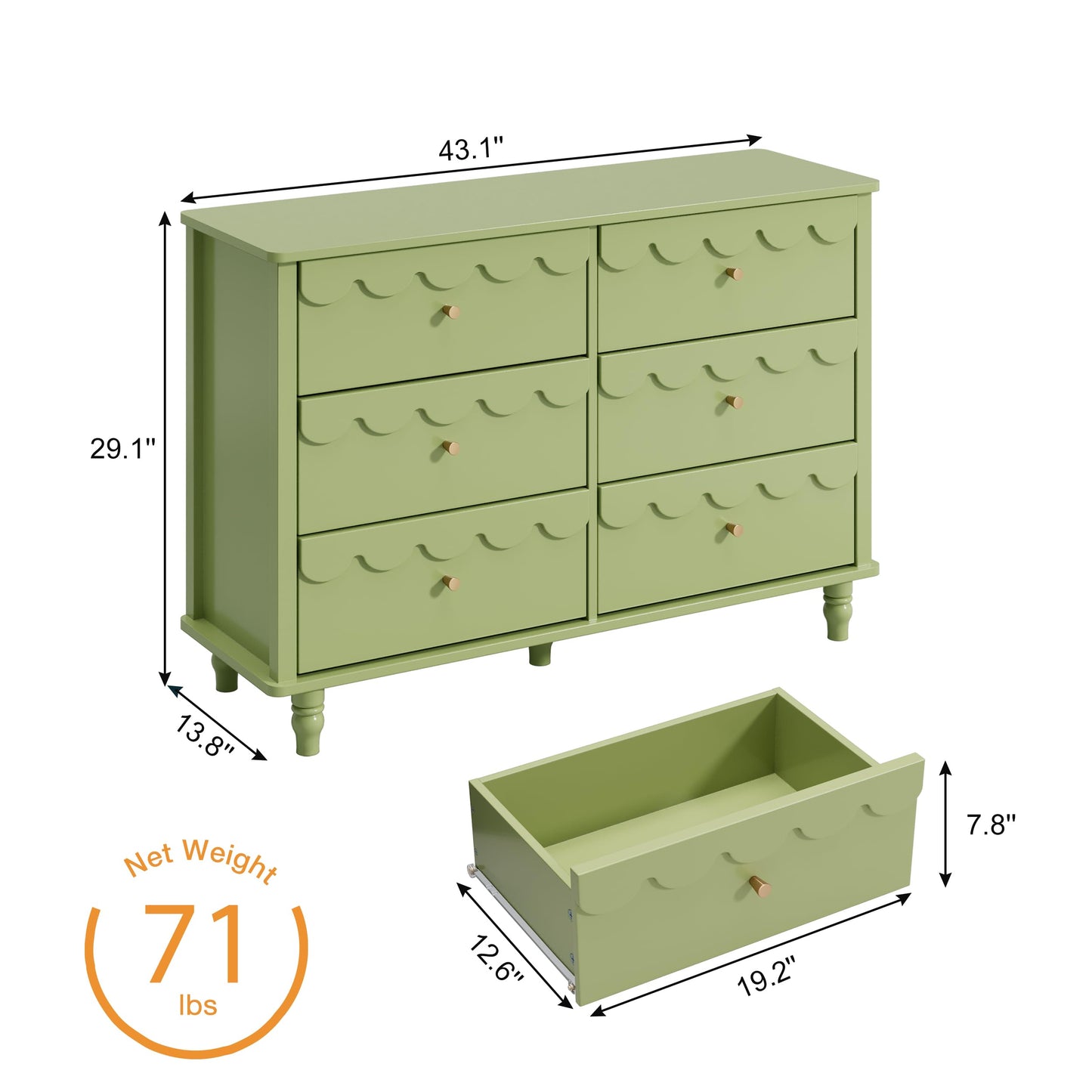 Anbuy Green 6 Drawer Dresser for Bedroom, Modern Wide Chest of Drawers, Scalloped Organizer Storage with Drawers, Fluted Petal Pattern Large Storage Cabinet for Bedroom, Living Room, Porch