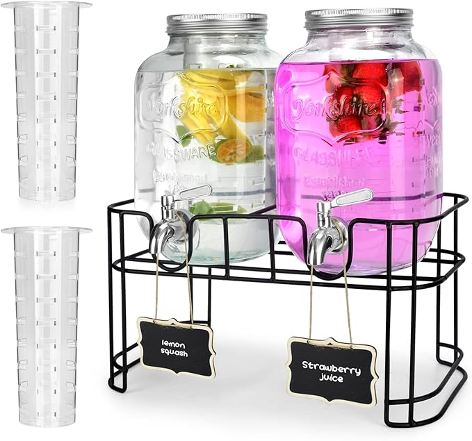 1 Gallon Glass Drink Dispensers For Parties 2PACK.Beverage Dispenser,Glass Drink Dispenser With Stand And Stainless Steel ...