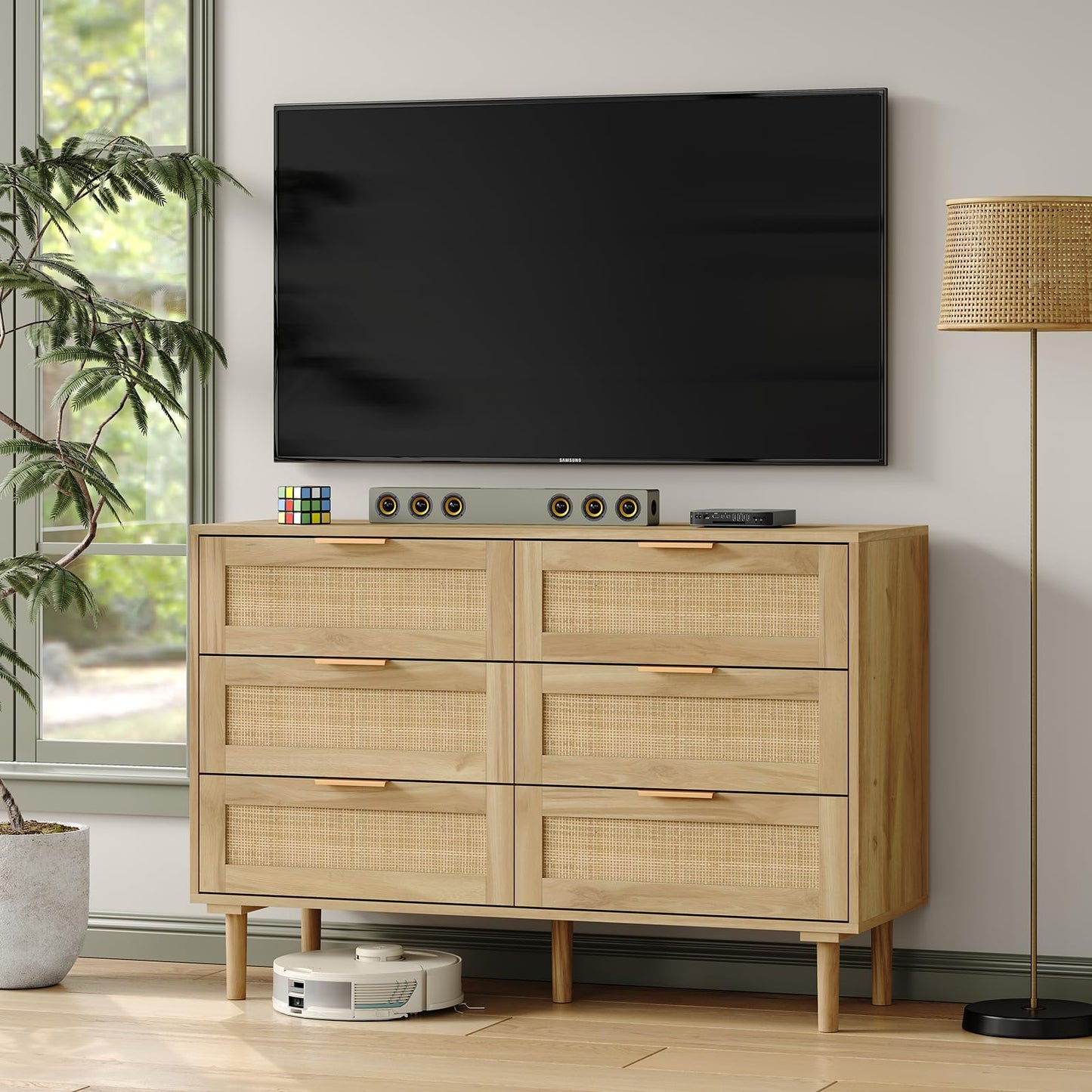Furniouse 6 Drawer Rattan Dresser for Bedroom Wood Boho Dressers with Solid-Wood Legs & Natural Real Rattan Drawer, Modern Chest of Drawers Beside Table for Bedroom, Living Room