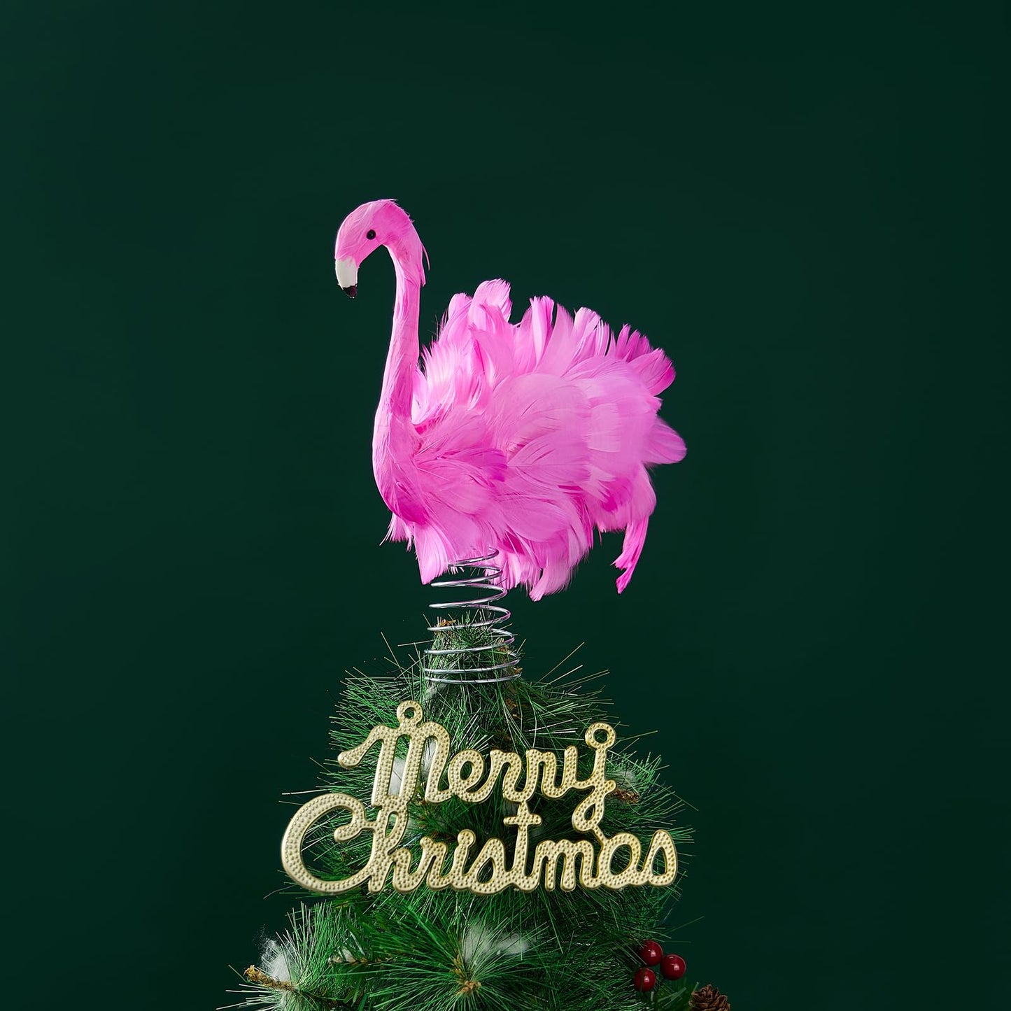 Pink Flamingo Christmas Tree Topper, Flamingo Tree Toppers with Fluffy Artificial Feathers, Christmas Home Holiday Ornament (Pink, 9.8" * 9.1" * 5")