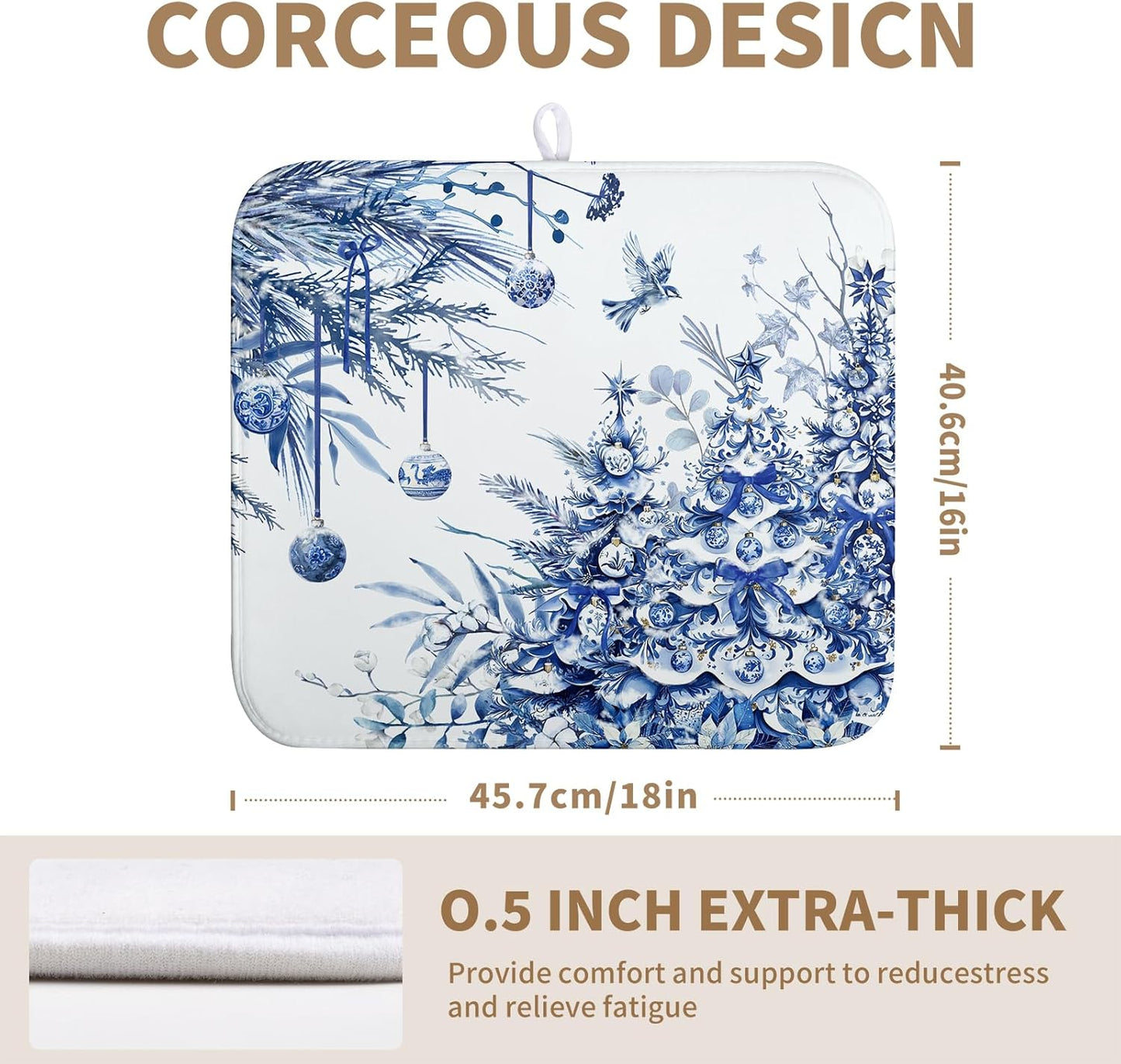 Christmas Tree Dish Drying Mat for Kitchen Counter 16x18 Inch Blue White Chinoiserie Winter Xmas Holiday Drying Mats Microfiber Absorbent Dish Draining Reusable Dish Drainer Pad