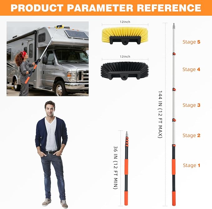 12FT Car Wash Brush with Long Handle Aluminium Telescoping Pole Angle Adapter with 2 Pcs 12" Soft and Hard Bristle Scratch-Free for Cleaning Car Truck RV House Floor Window Roof Solar Panels