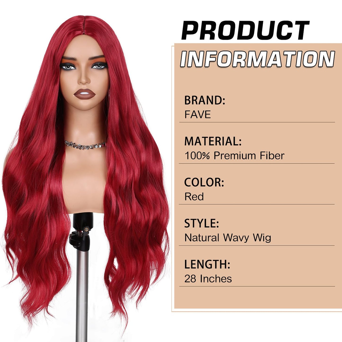 FAVE Red Wigs for Women Mermaid Waves Synthetic Wig 28 Inches Middle Part Long Wavy Red Wig Natural Looking Heat Resistant Wig f