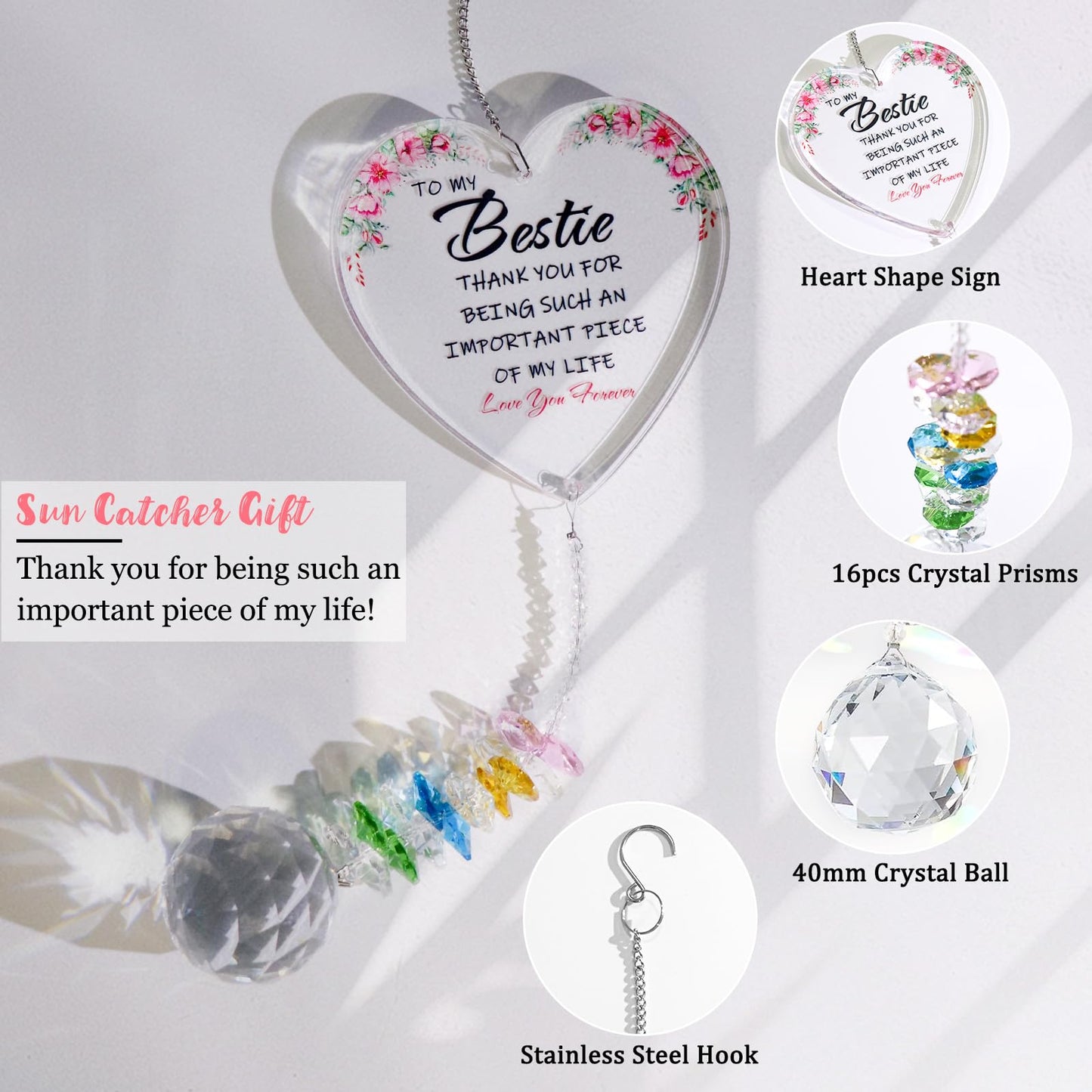AZEEBOI Best Friend Birthday Gifts for Women, Bestie Gifts for Female Friend BFF Soul Sisters Work Bestie, Christmas Friendship Thank You Gifts, Sun Catcher with Crystals for Indoor Window Hanging