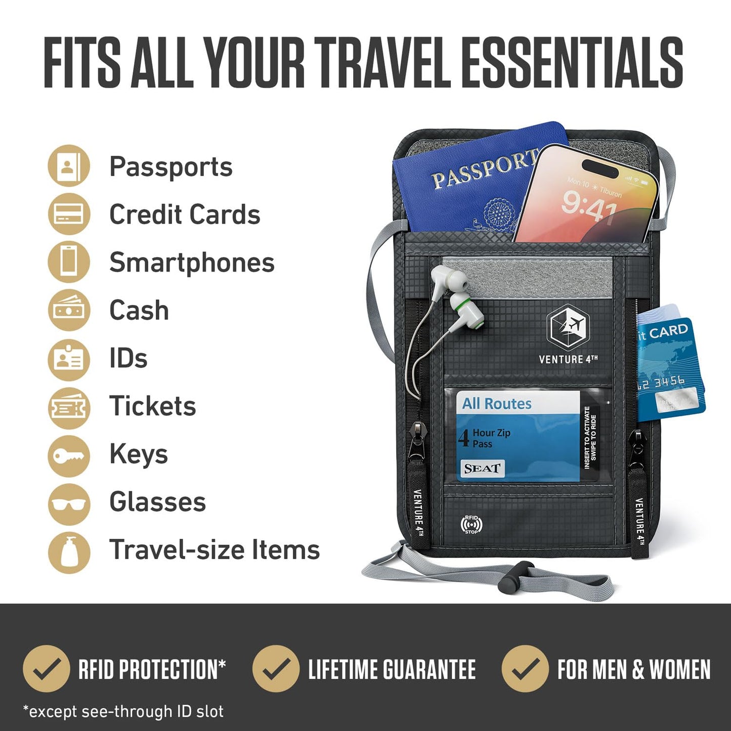 VENTURE 4TH Neck Wallet, RFID Blocking Passport Holder for Travel – Hidden Neck Pouch with 6 Compartments, Slim Lightweight Organizer with Adjustable Strap for Cash, Cards & Passport (Gray)