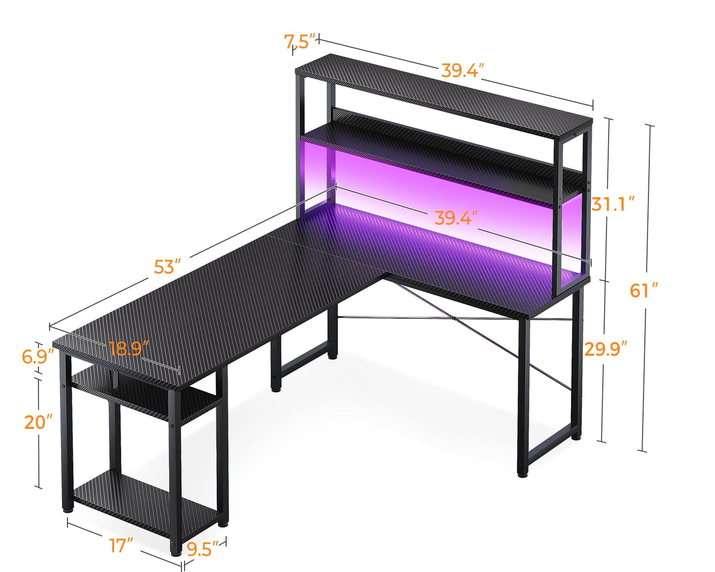 ODK 53" L Shaped Gaming Desk with Hutch & Headphone Hook, Corner Computer Table with Storage Shelves for Home Office, Black