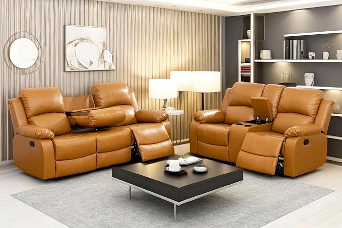 A Ainehome Recliner Sofa Set Living Room Manual Reclining Sofa Bonded Leather Loveseat Chair Sectional Couch for Living Room/Home (A-Ginger Leather, Sofa+Loveseat)