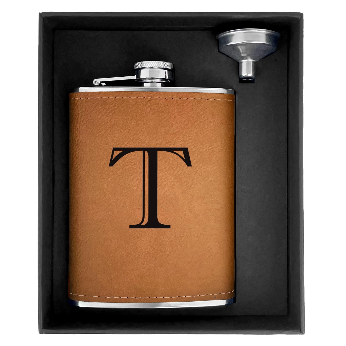 CARAKNOTS Hip Flasks for Liquor for Men Leather Drinking Whiskey Flask with Initials Engraved Stainless Steel with Funnel 8 OZ Personalized Christmas Birthday Gifts for Dad Him Letter T