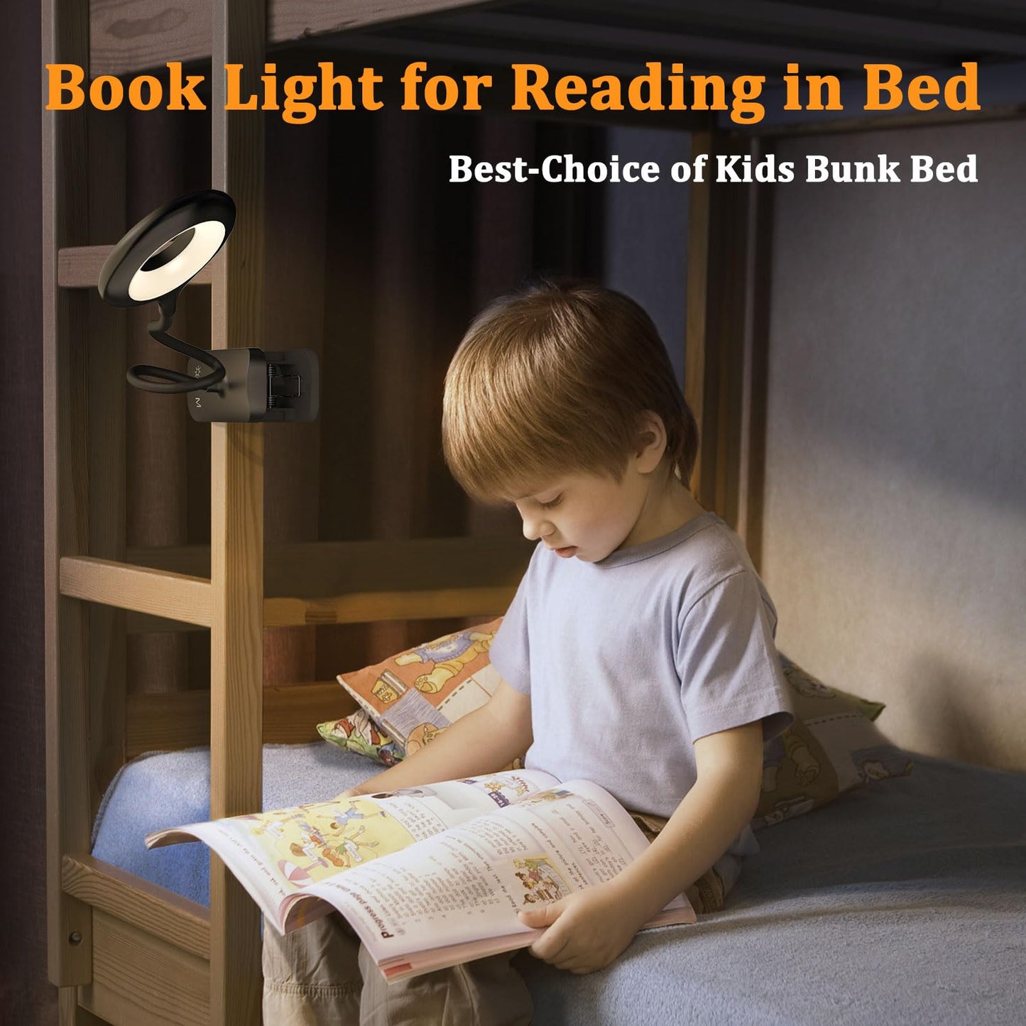 HECDSTLY 2 Pack Clip on Reading Light for Bed Headboard, Battery Rechargeable Large Clamp Bed Lamp - 5 Colors 5 Brightness, Flexible Arm Book Light at Night for Kids Bunk Desk Metal Bed Frame