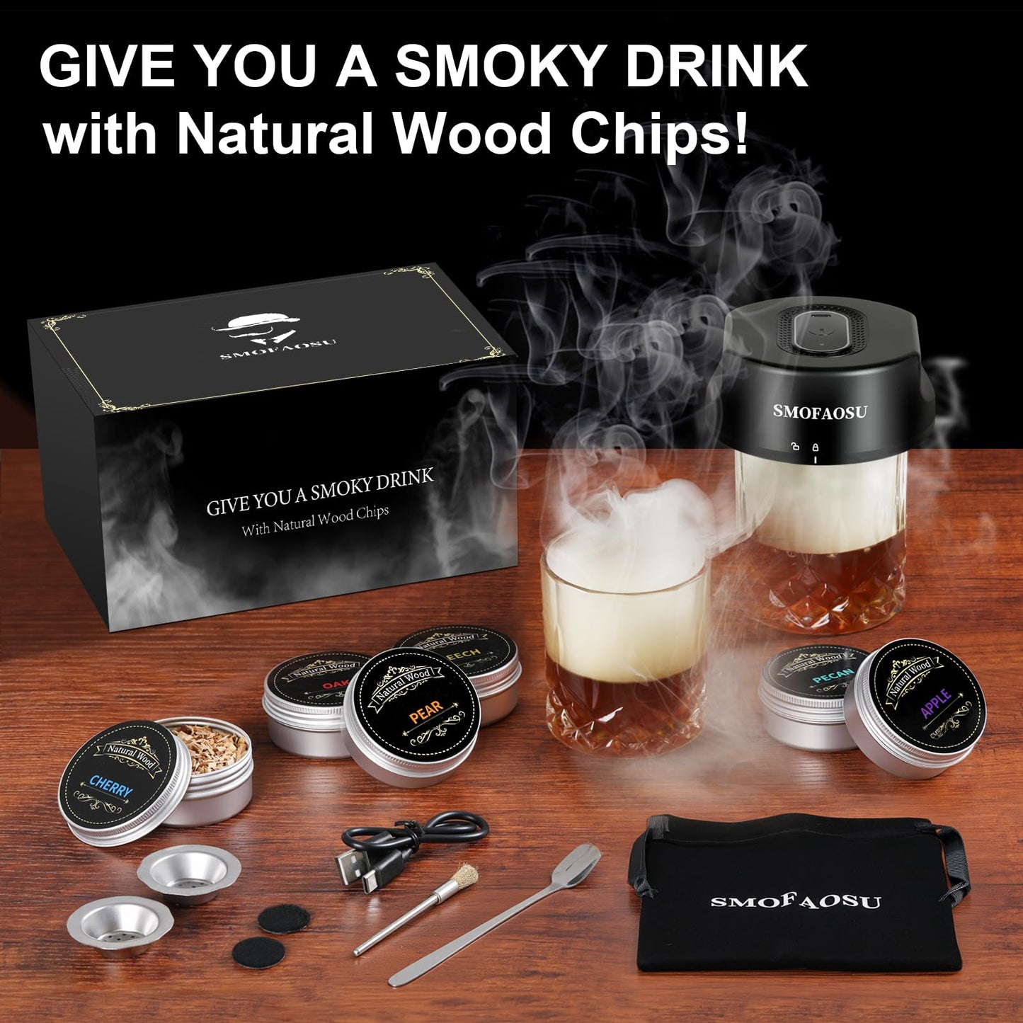 Whiskey Smoker Kit, Electric Cocktail Smoker Kit with 6 Wood Chips, Rechargeable Bourbon Smoker Kit Built in Lighter, Birthday Father's Day Christmas for Men Dad(No Need Butane)