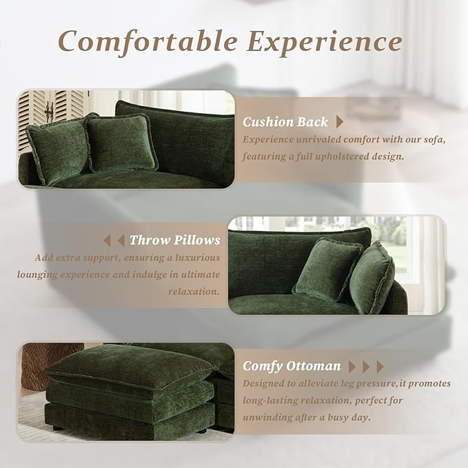 SoarFlash Chenille Sectional Sofa, Comfy L Shaped Modular Coush Sofa with Ottoman, Modern 3 Seat Couch Deep Seat Sofa Set for Living Room,Green