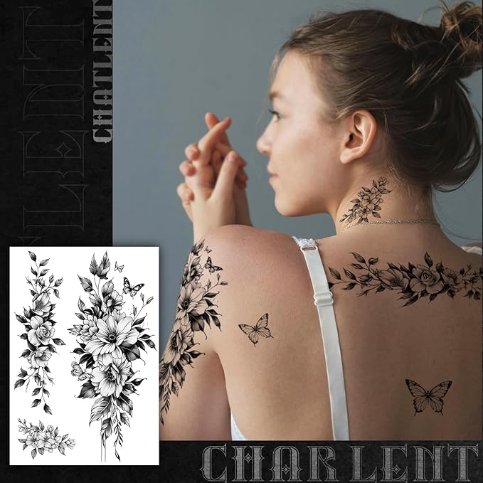CHARLNET Large Flower Temporary Tattoos for Women - 33 Pcs Realistic Black Flower Rose Fake Tattoos for Women Body Art Arm Chest Legs Shoulder Abdomen
